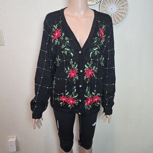 BP Designs Christmas Poinsettia Black Beaded Cardigan Sweater Size LARGE